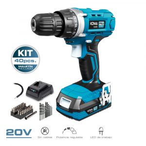 KIT TALADRO ATORNILLADOR 20 V CON 40 ACCESORIOS CON BATERÍA Y CARGADOR
