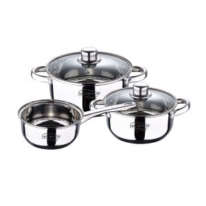 BATERIA 5 PIEZAS DE ACERO INOXIDABLE IND CASSEL: CAZO Ø16 cm /  CACEROLA CON TAPA Ø18 cm / CACEROLA CON TAPA Ø20 cm