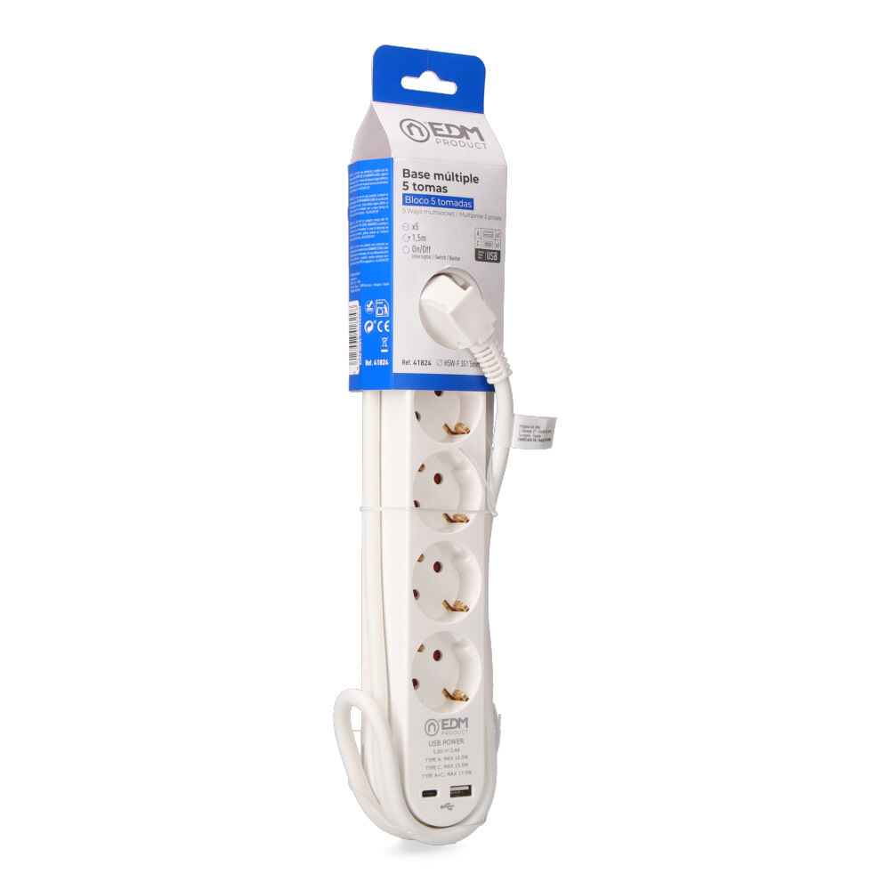 PROLONGADOR CON 5 TOMAS 2P+T SCHUKO, CON INTERRUPTOR, 2 USB A + C, 16 A 250 V, CABLE H05VV-F, 3G1,5mm² DE 1,5 m, BLANCO
