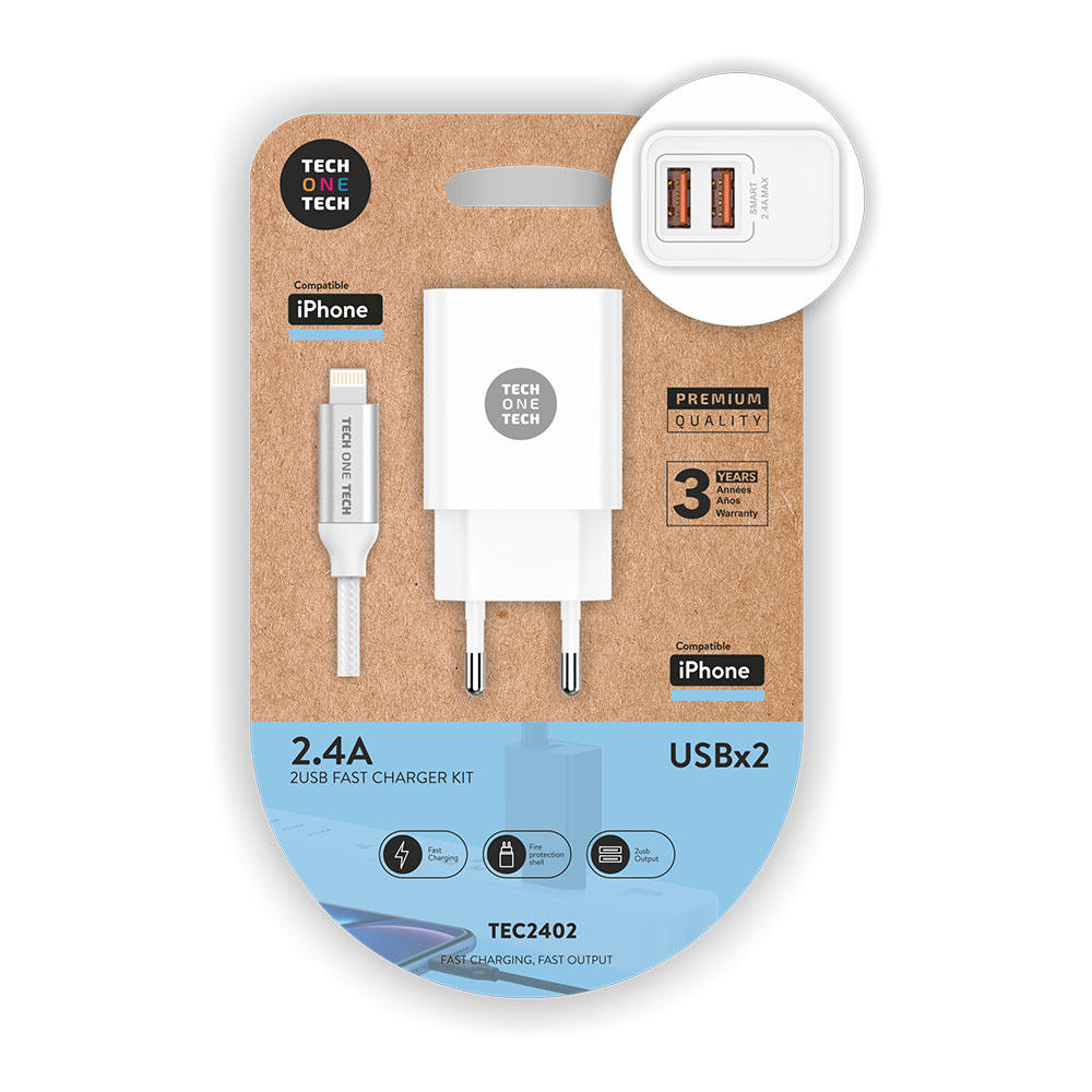 CARGADOR DOBLE BLANCO + CABLE NYLON LIGTHNING 2,4 A 12 W 5 V