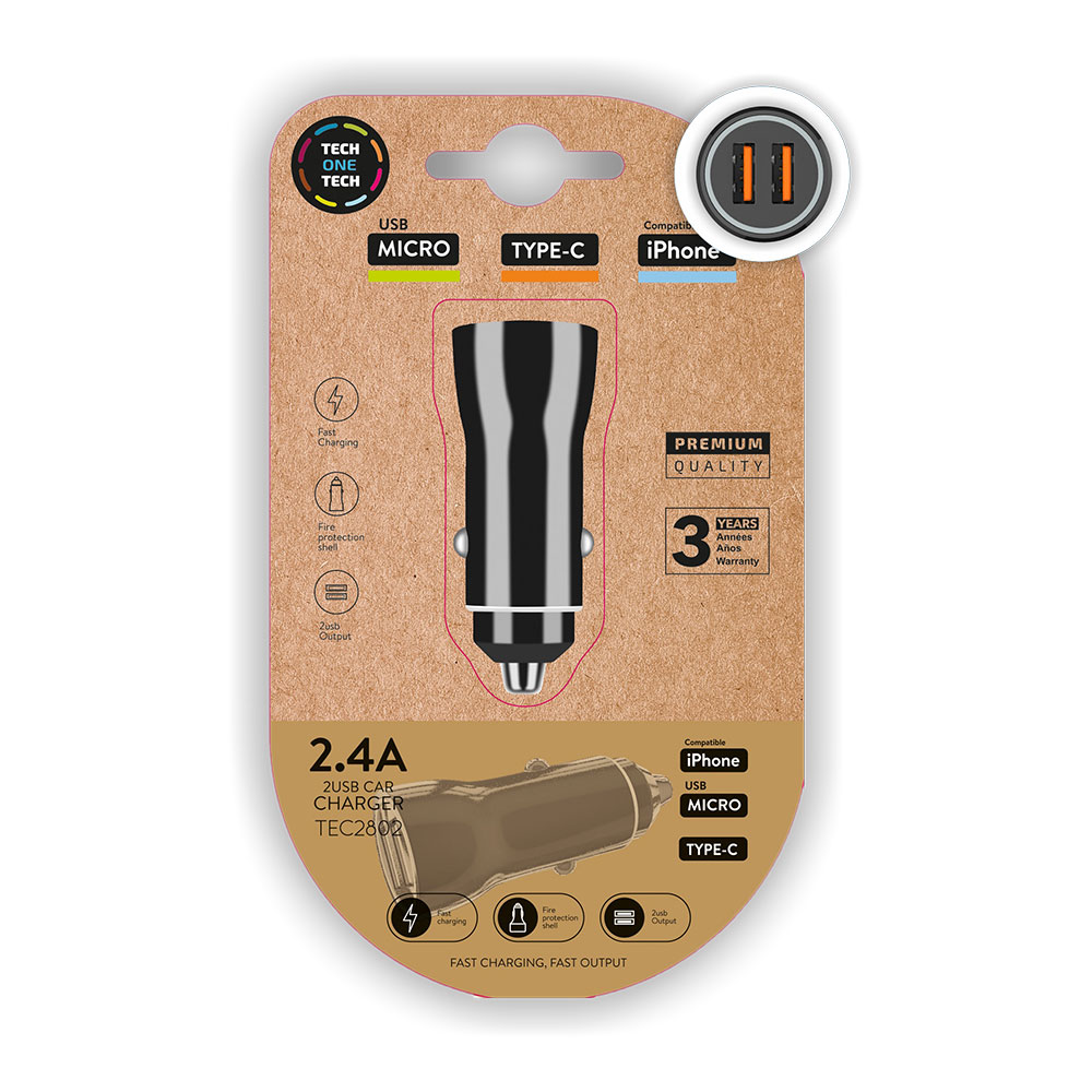 CARGADOR DOBLE MECHERO COCHE NEGRO 2,4A -12W TECH ONE TECH
