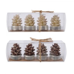 VELA DE CERA EN FORMA DE PIÑA, EFECTO NEVADO, MODELOS VARIADOS Ø3,5 x 5,5 cm, CAJA DE 4 uds