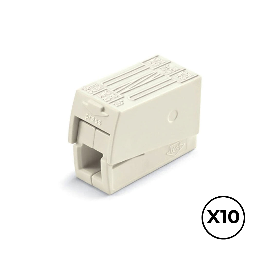 CONECTOR RÁPIDO EN LINEA PRESILLA 3 VIAS, 2 RÍGIDOS + 1 RÍGIDO, SEMIRÍGIDO O FLEXIBLE; Ø MÁXIMO 2,5 mm², BLANCO, 10 uds